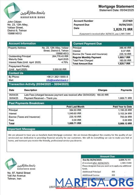 Printable Iran Karafarin Bank mortgage statement Word and PDF template